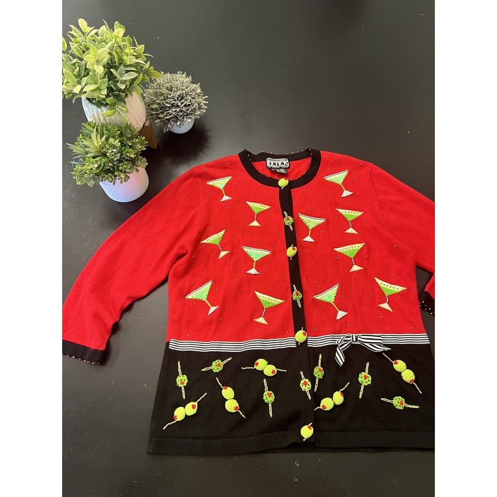Berek Vintage 90s Y2k Red Black Beaded Olive Martini Cardigan Sweater Sz M